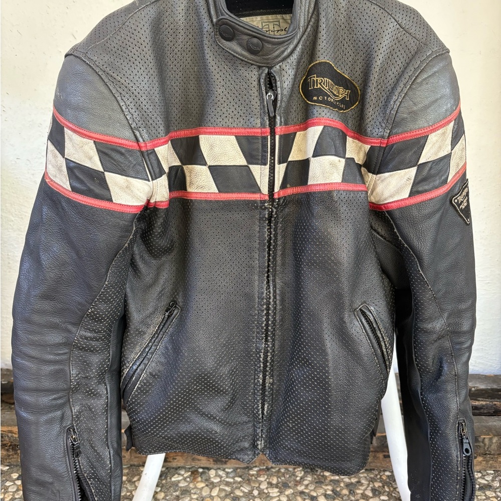 Triumph Black Perforated Leather Racing Jacket Red Trim & White Checkerboard
